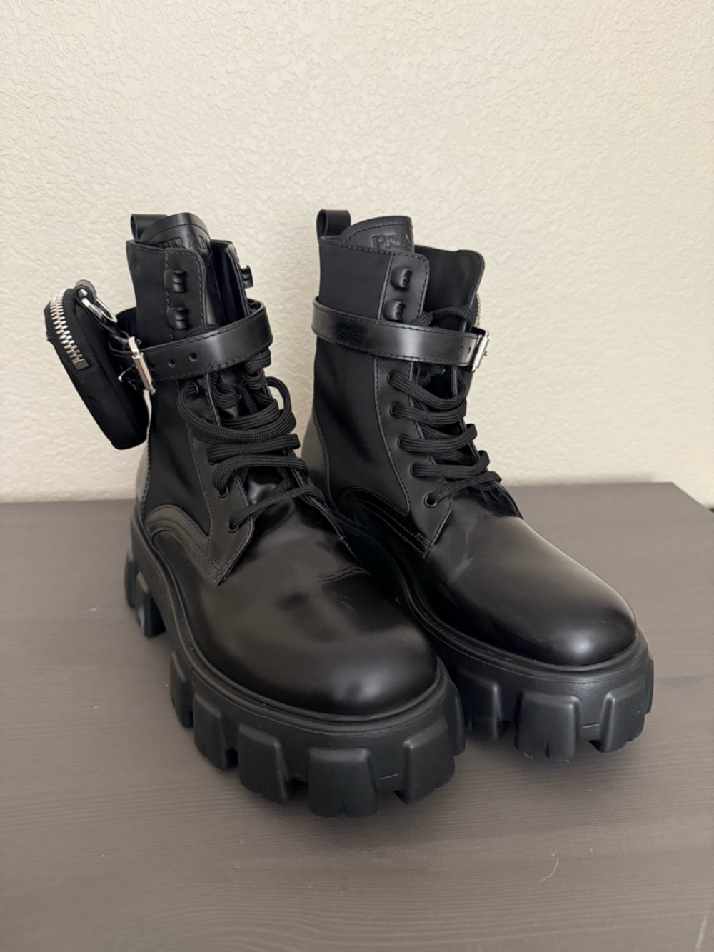 Prada Black Lug-Sole Combat Boots with Detachable Mini Pouch - Picture 7 of 10